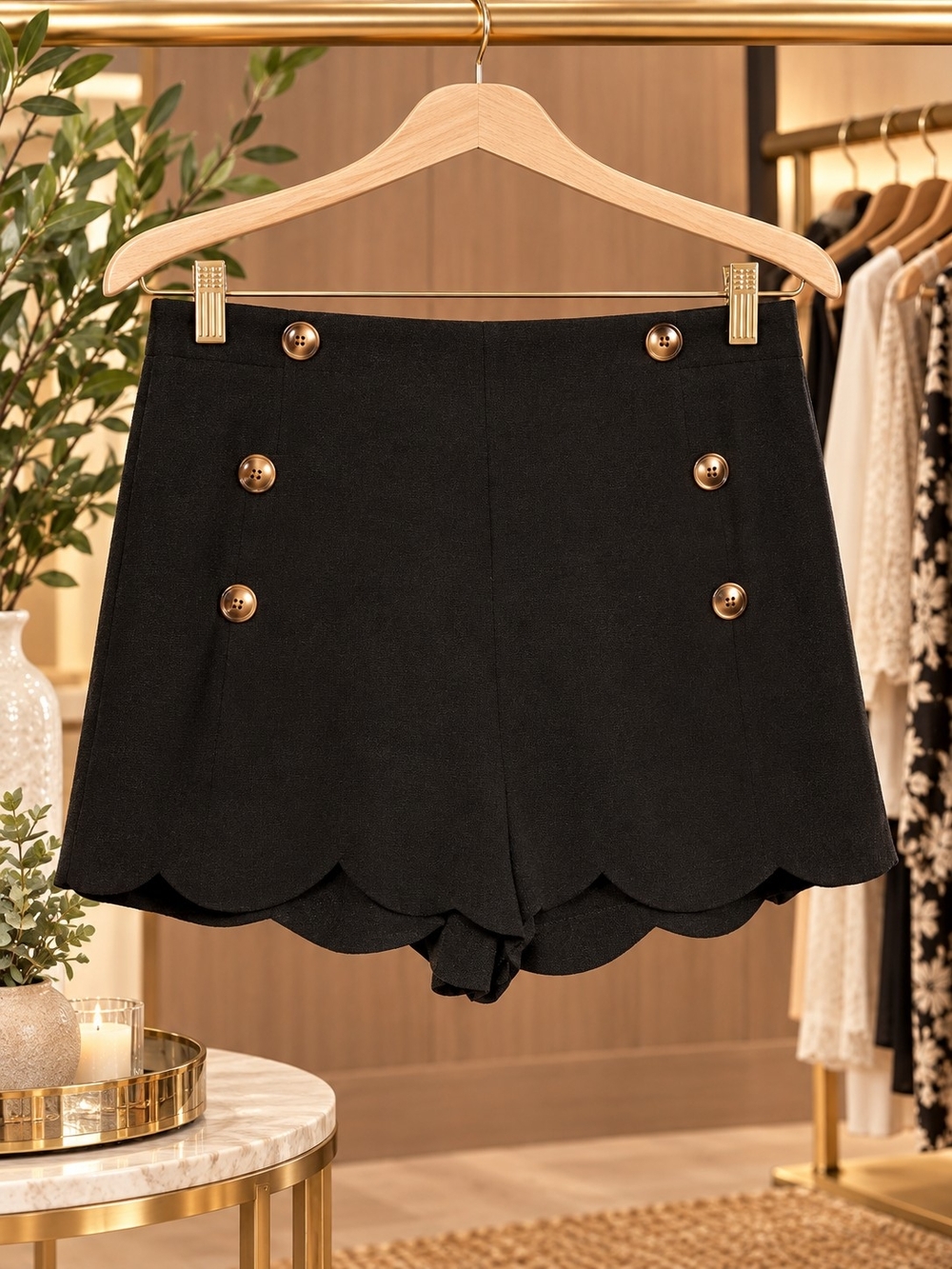 Black Scalloped Hem Button-Front Women’s Shorts